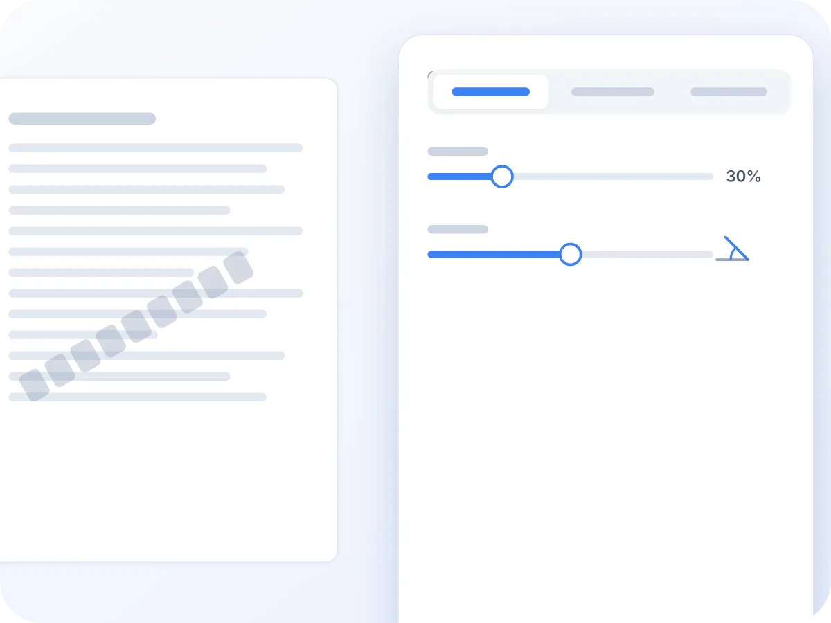 Slider opacity dan sudut, serta halaman dengan stempel diagonal samar