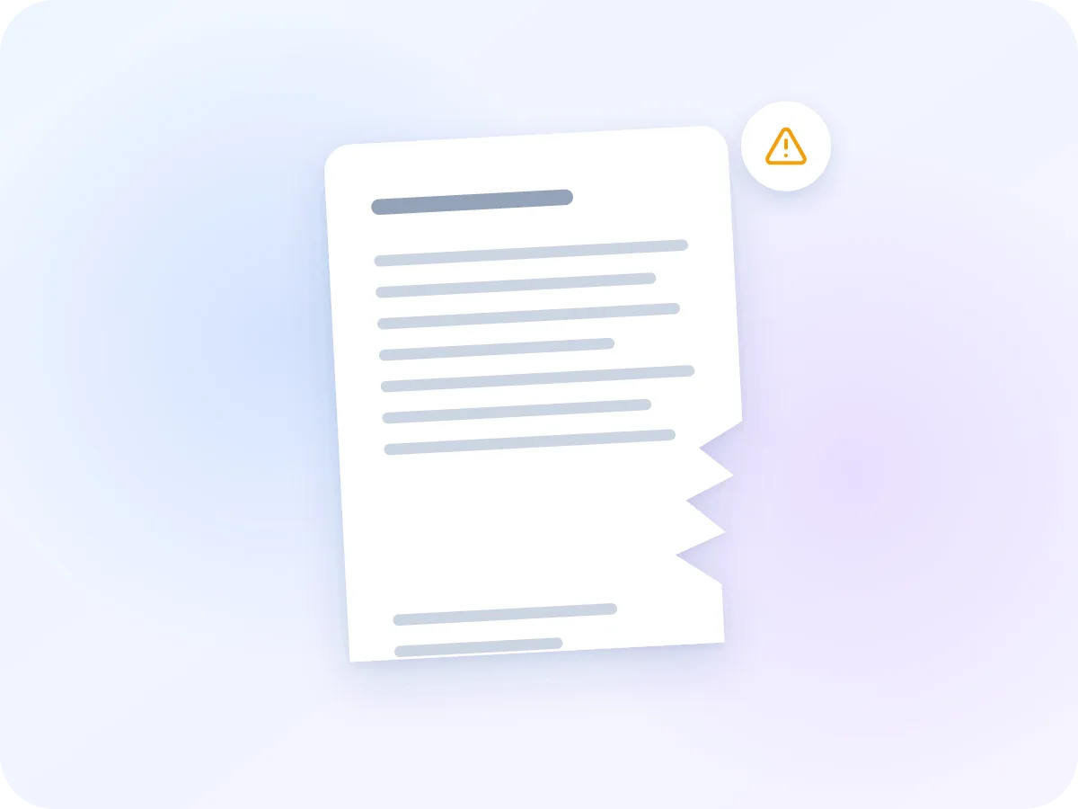 Una pagina PDF strappata con un segnale di avviso